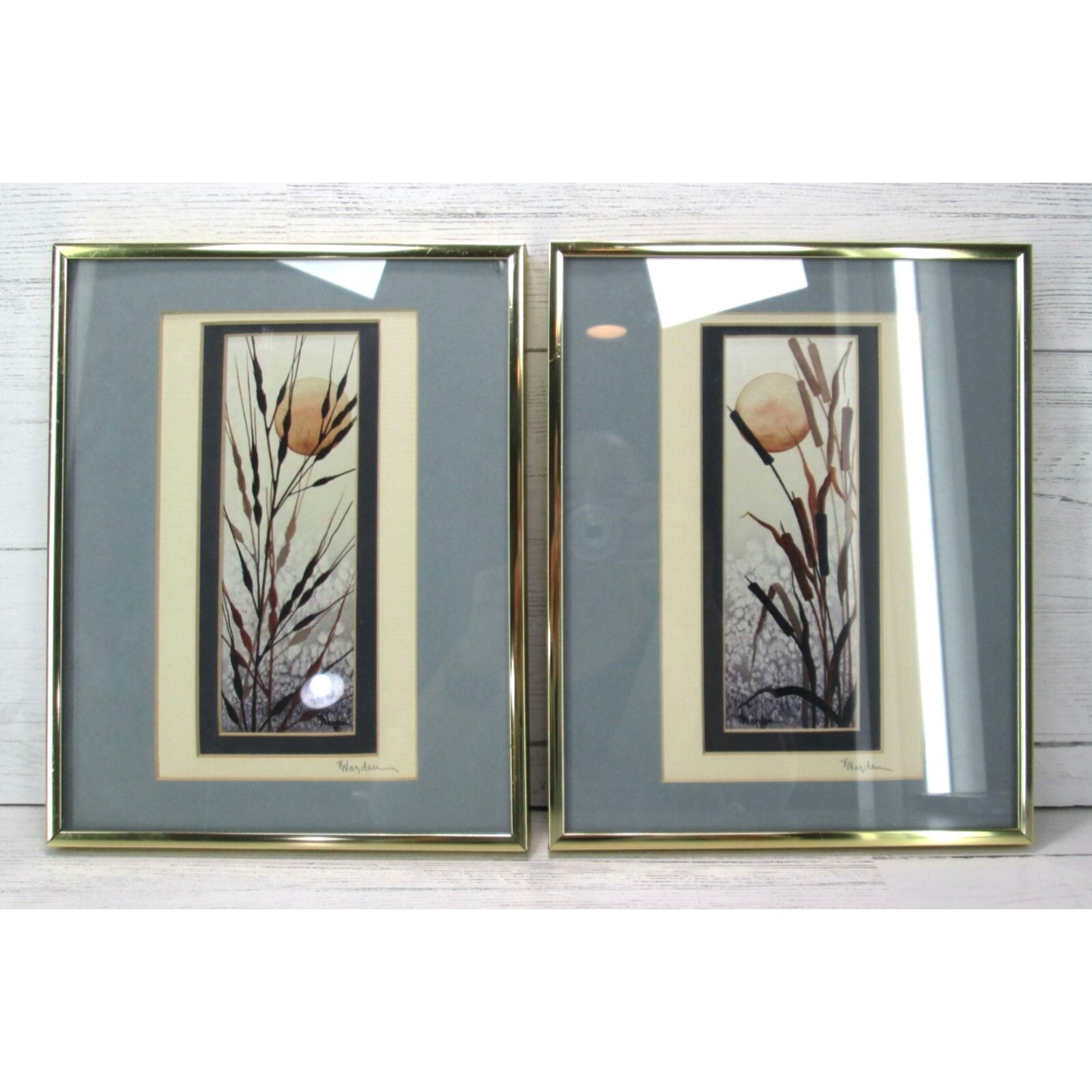 Vintage 70s Cattail Grass Sun Framed Art Print Set 2 Boho Nature Retro Decor