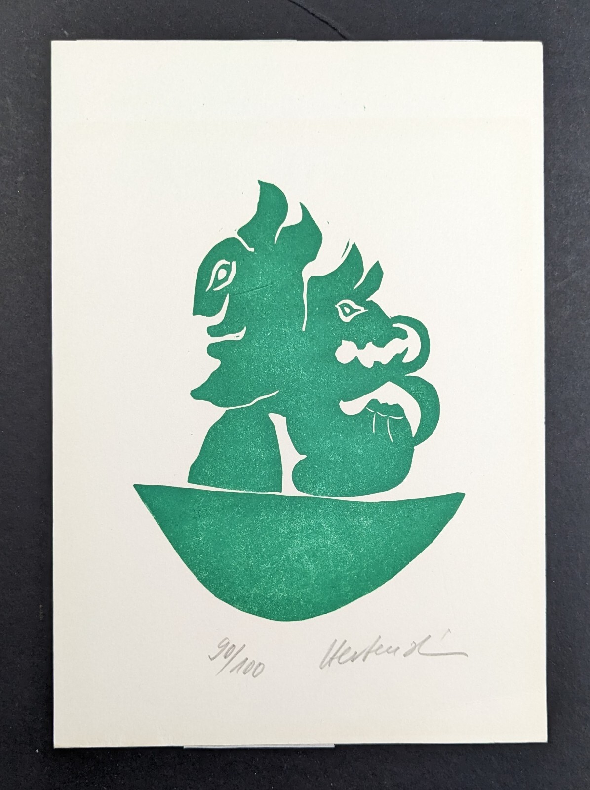 Axel Hertenstein, bowl with abstract figures, woodcut, signed, num.