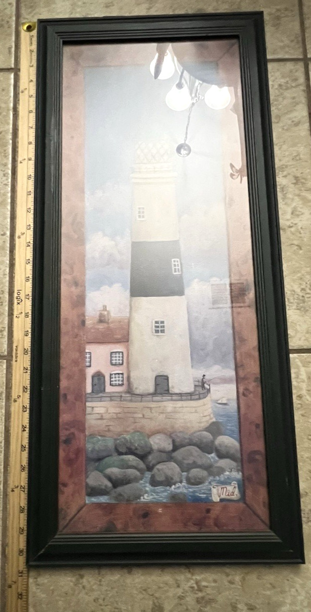 Vintage Coastal Lighthouse Framed Giclée Art Print Artist Signed Mid 30½ x 13½”