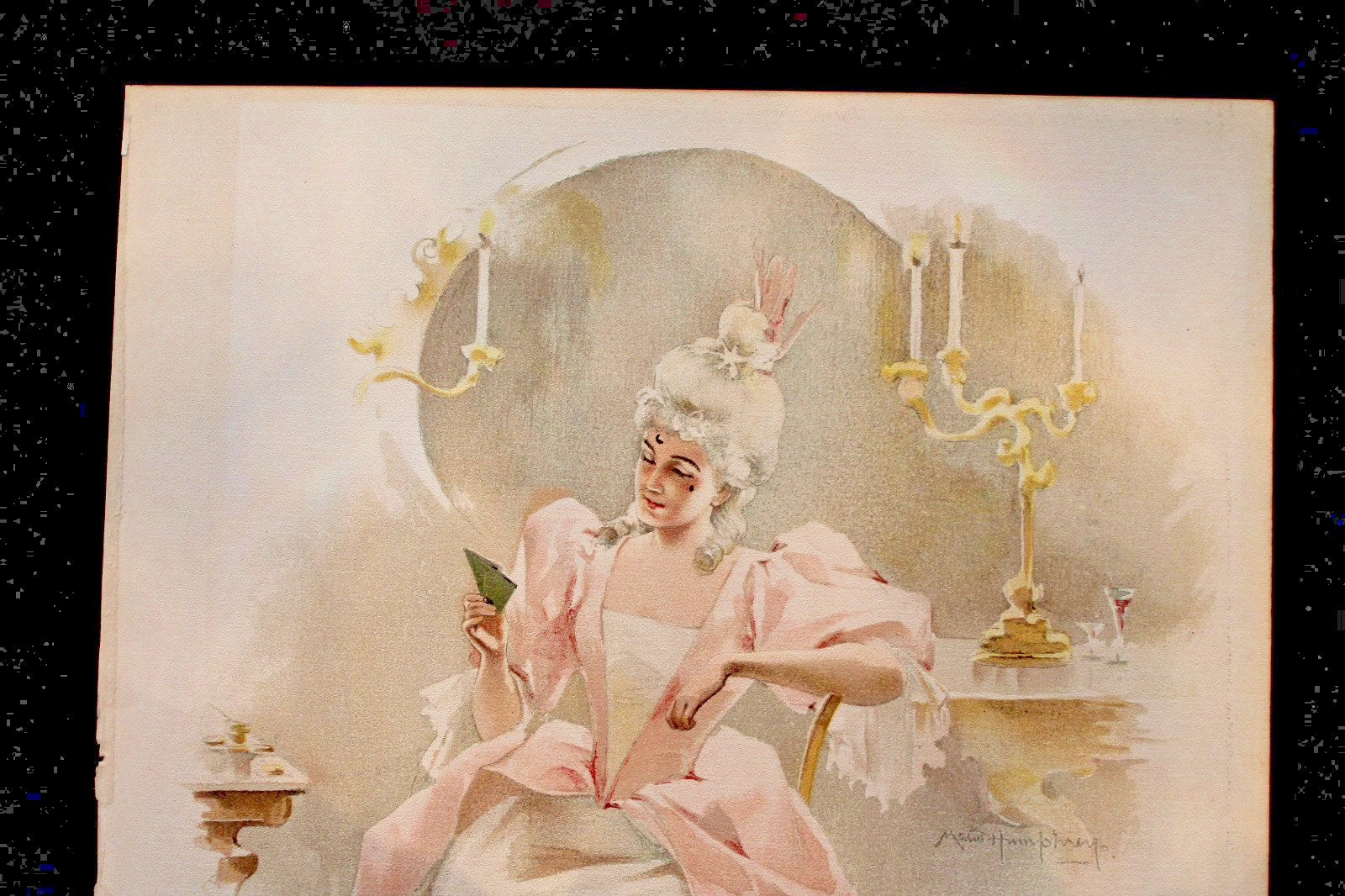 Maud Humphrey Antique 1892 Book Plate Print Young Woman: Pink White; Candleabras
