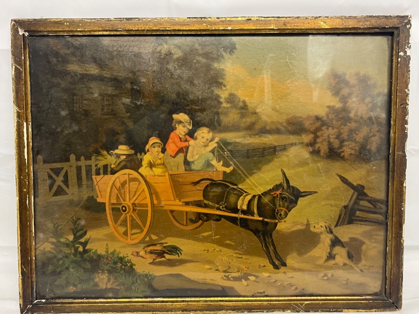 1800s 19th Century Children with Donkey Cart Americana Farming Original Frame