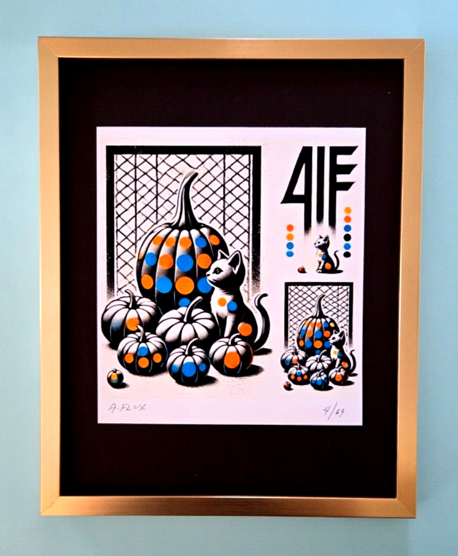AIDAN FLUX | Hand Signed Authentic Ltd ED of 69 Print Framed Pumpkin Cats COA