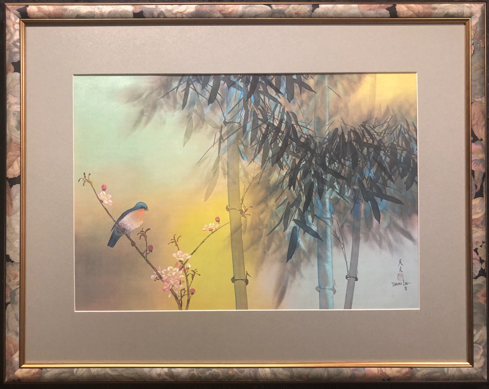 David Lee “Spring Bamboo” Custom Framed Asian Art New Floral Flower Hummingbird