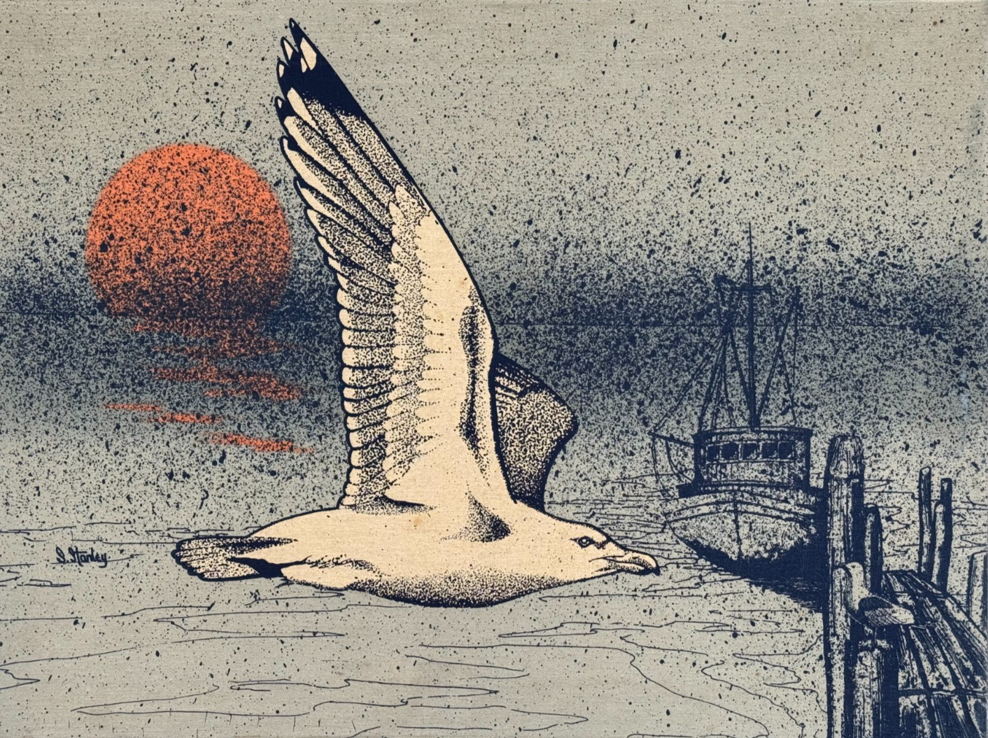 S. STANLEY NAUTICAL LITHOGRAPH PRINT ON LINEN SEAGULL SUNSET BOAT SEASCAPE 1978