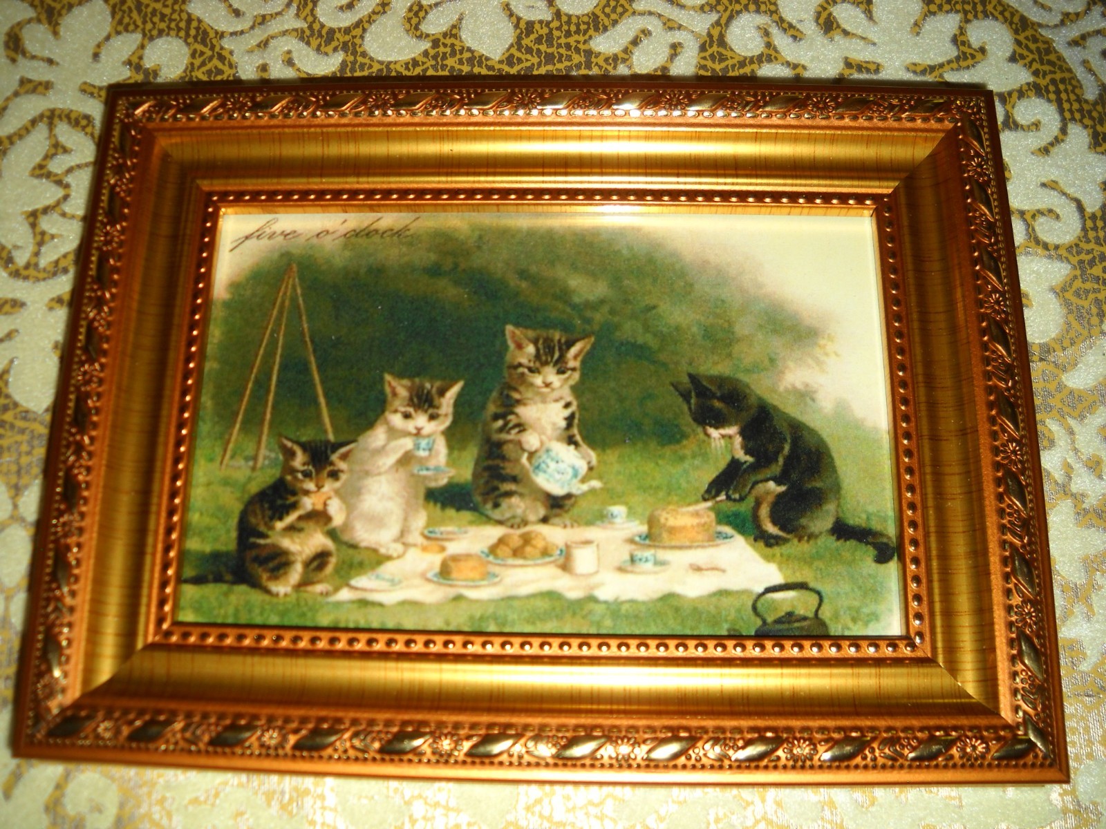 CATS 5 O’CLOCK TEA TIME 4 X 6 gold framed animal picture Victorian style print