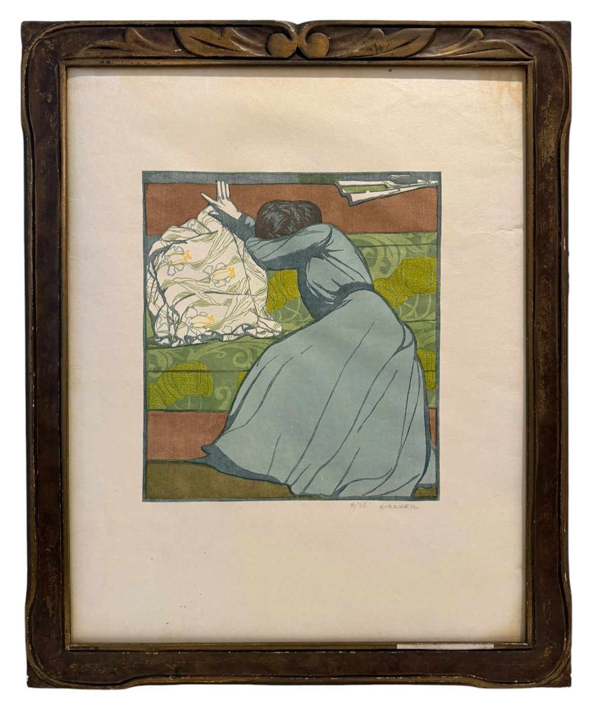 LISTED AUSTRIAN SECESSIONIST MAX KURZWEIL WOODCUT DER POLSTER RARE JAPON VELLUM