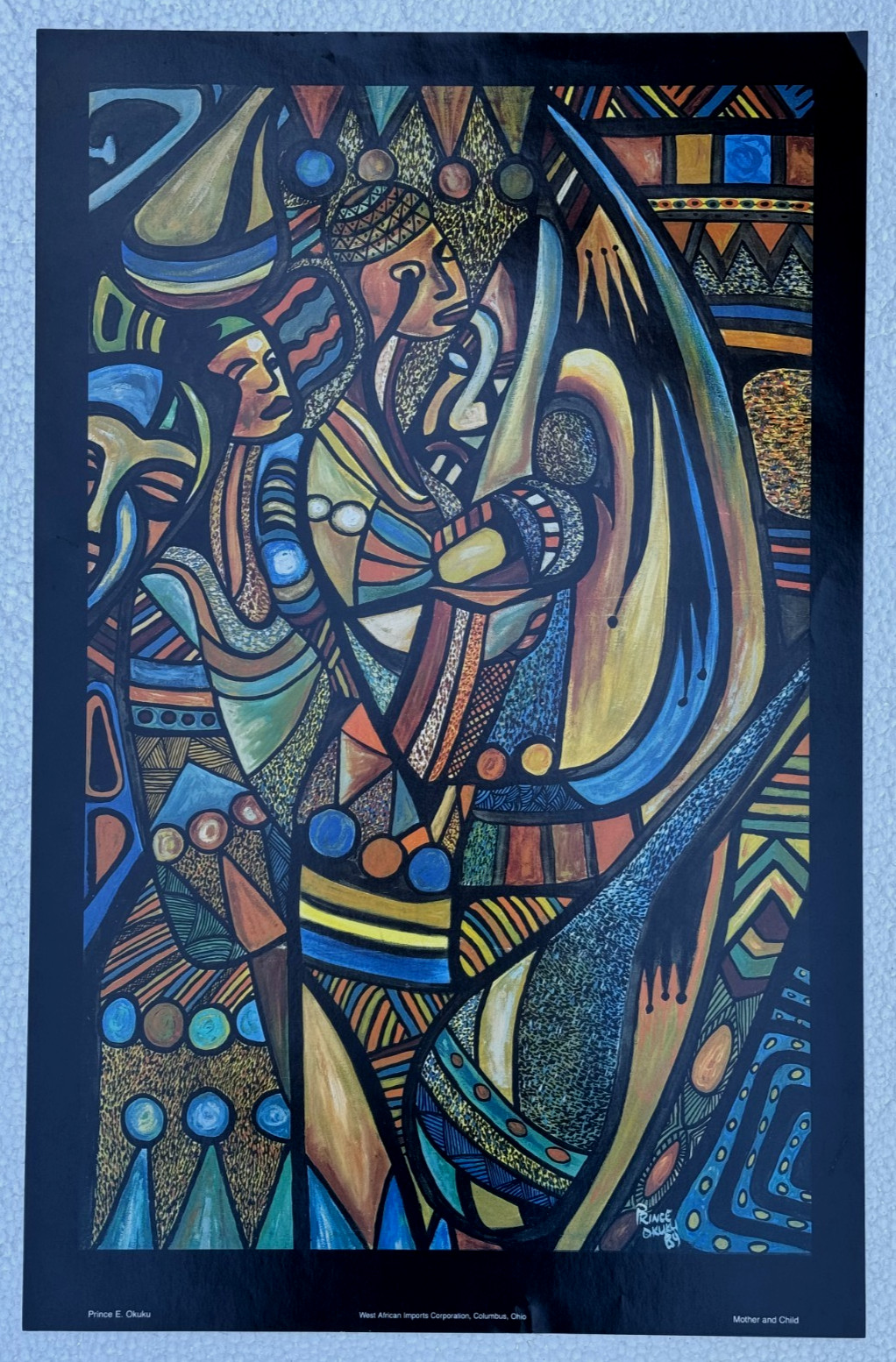 PRINCE OKUKU LITHOGRAPH PRINT BLACK AFRICAN MOTHER WITH CHILD ABSTRACT FIGURES