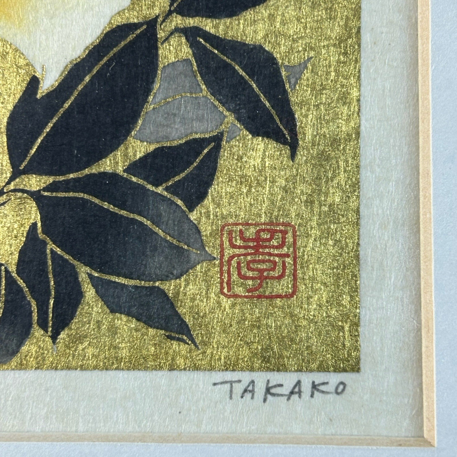 TAKAKO Signed Japanese Woodblock Print Gold Leaf Flower 8 Rose Limited Edition
