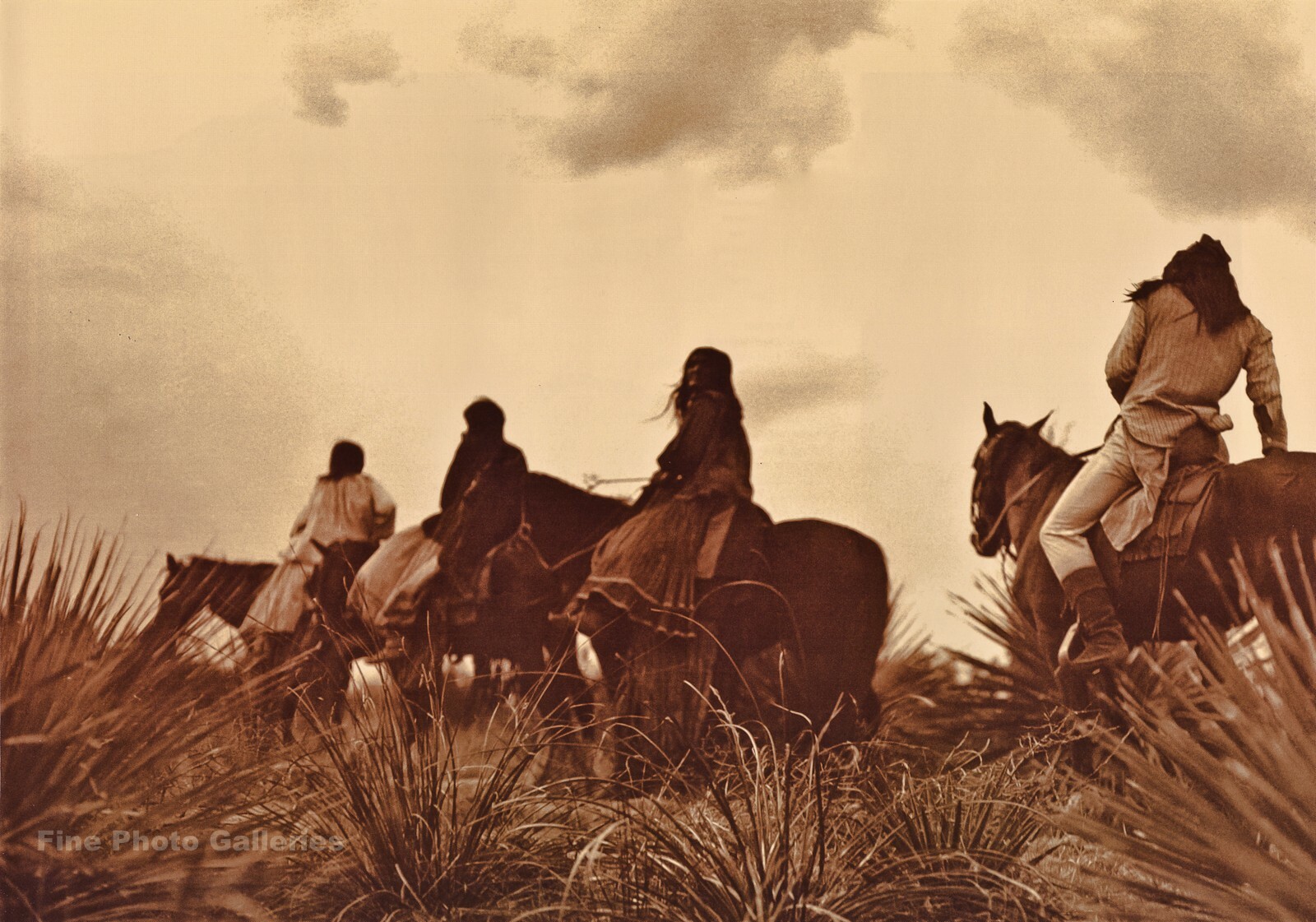 Vintage EDWARD CURTIS American Indian Apache Horseback GOLDTONE Photo Art 16×20