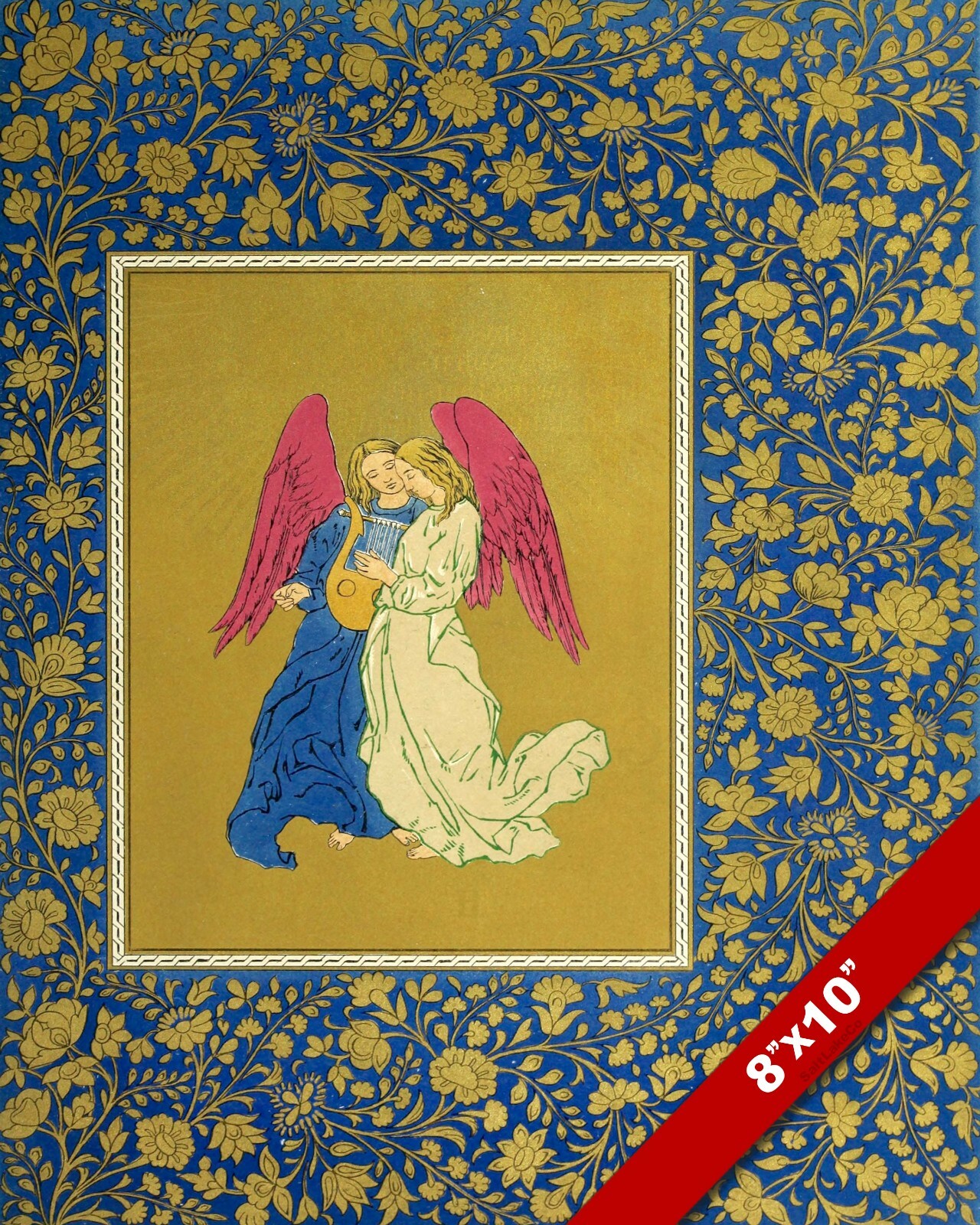 ANGELS PLAYING HARP MUSIC ORNATE FLORAL CHRISTIAN ART PAINTING REAL CANVAS PRINT