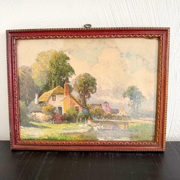 Vintage Color Lithograph Framed Picture “Cottage on Pond” by artist R. Weber