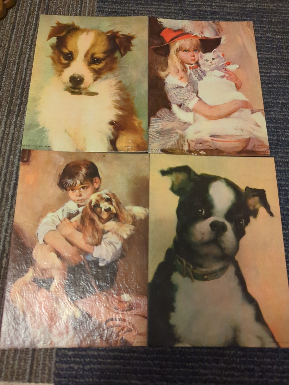 Vintage Lithograph Prints. Lot Of 4, 5″X7″ Boy With Puppy Girl With Dog