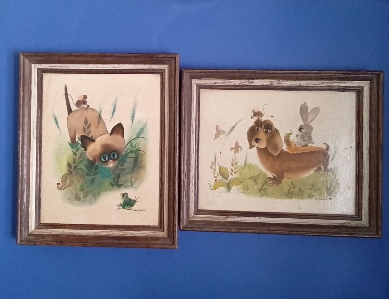George Buckett 1963 Framed Pair Whimsical Art Big Eye Cat and Dog