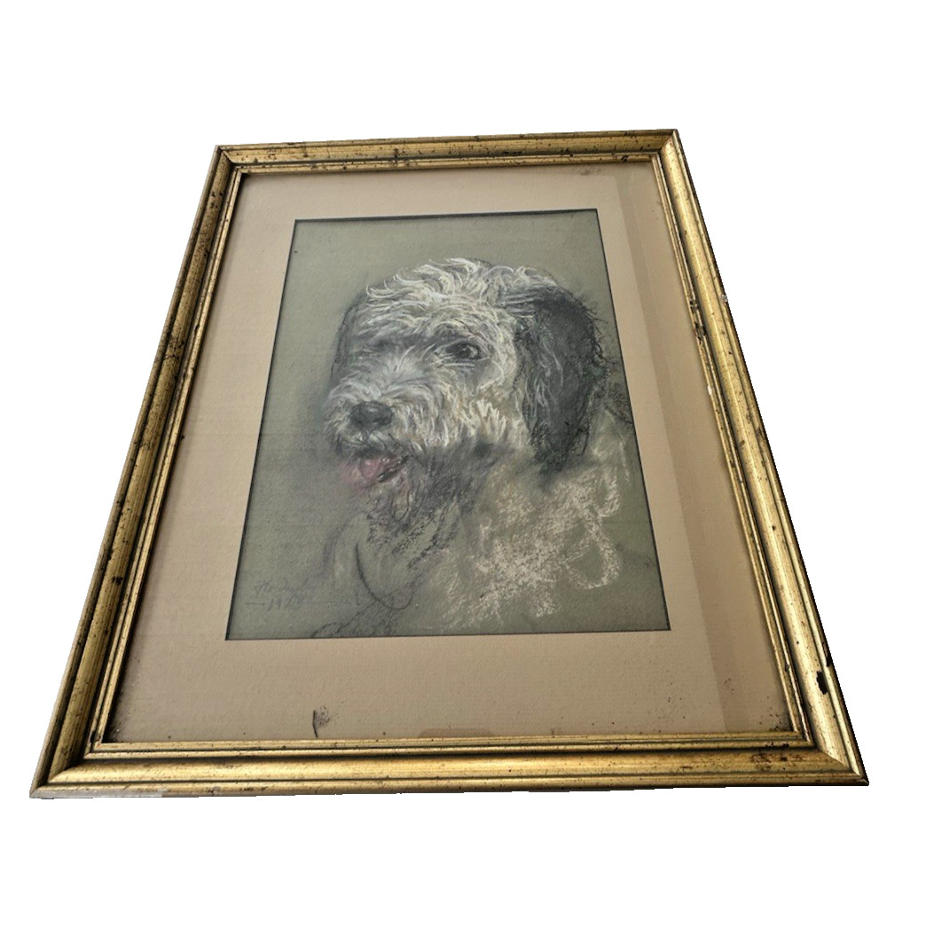 VTG Pastel Chalk Art Drawing Terrier Dog PA Amish Artist Florence Starr Taylor