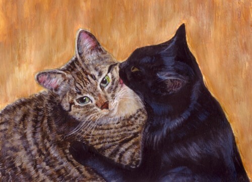 BCB Tabby Cat & Black Cat Affection Print of Painting ACEO 2.5 x 3.5 Inch