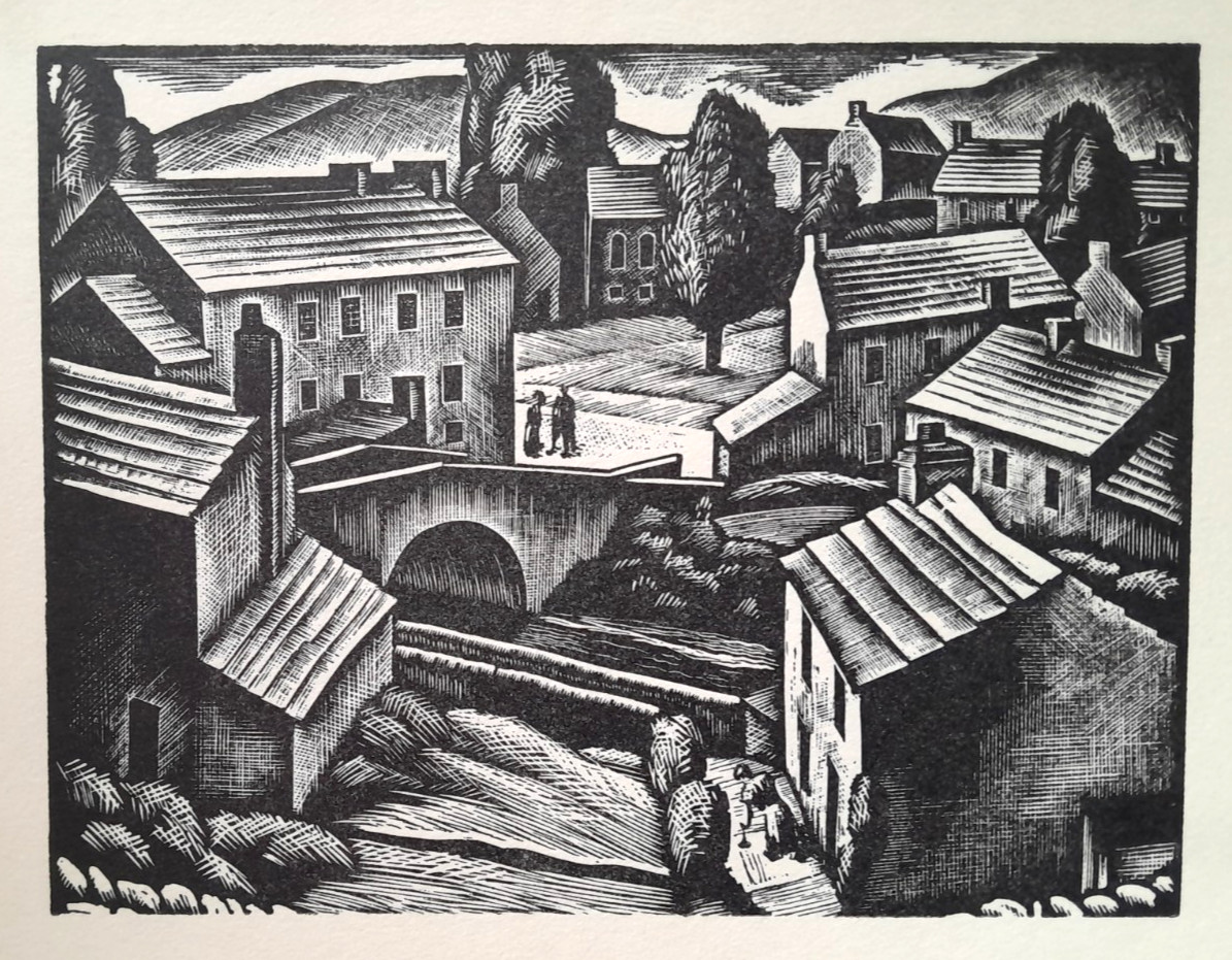 BAINBRIDGE BROUGH YORKS DALES Print of a Woodcut by GREENWOOD C1950s