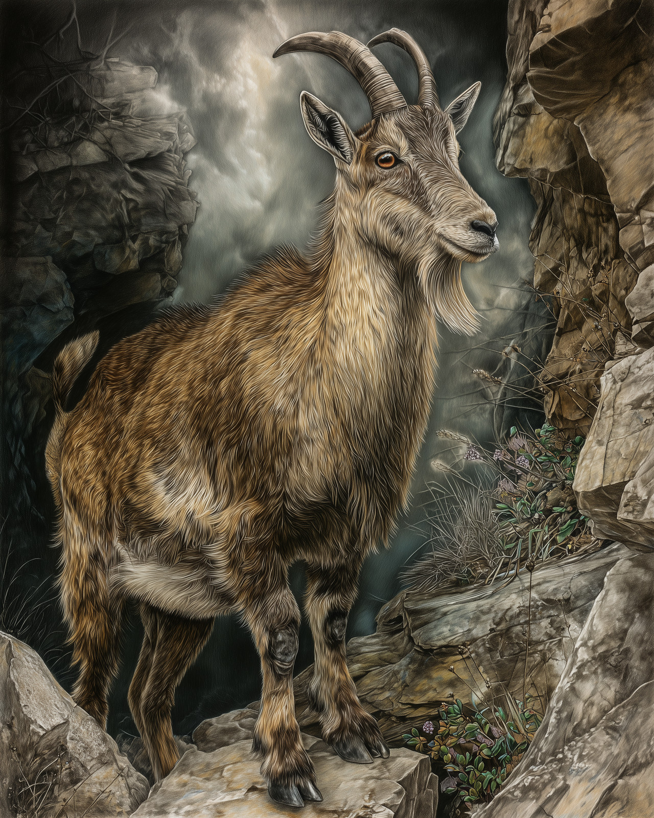 8×10 Mountain Goat standing on rocky ledge – misty canyon – 244029140
