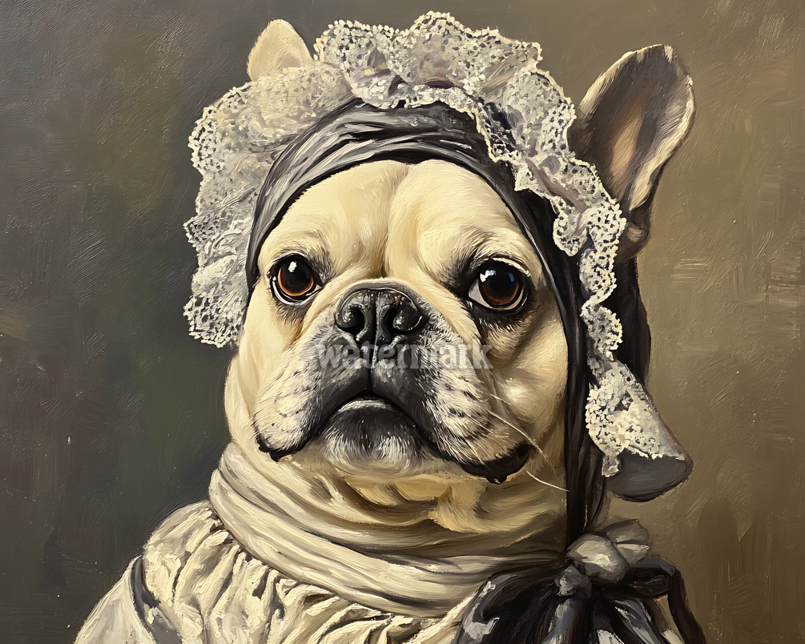 Victorian French Bulldog in a bonnet oil Painting 8×10 Print