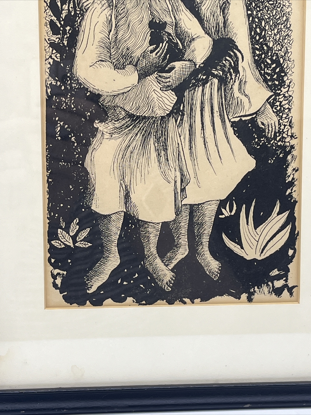 Vintage Etching Surreal Girls Holding Rooster Chicken Framed Unknown Artist