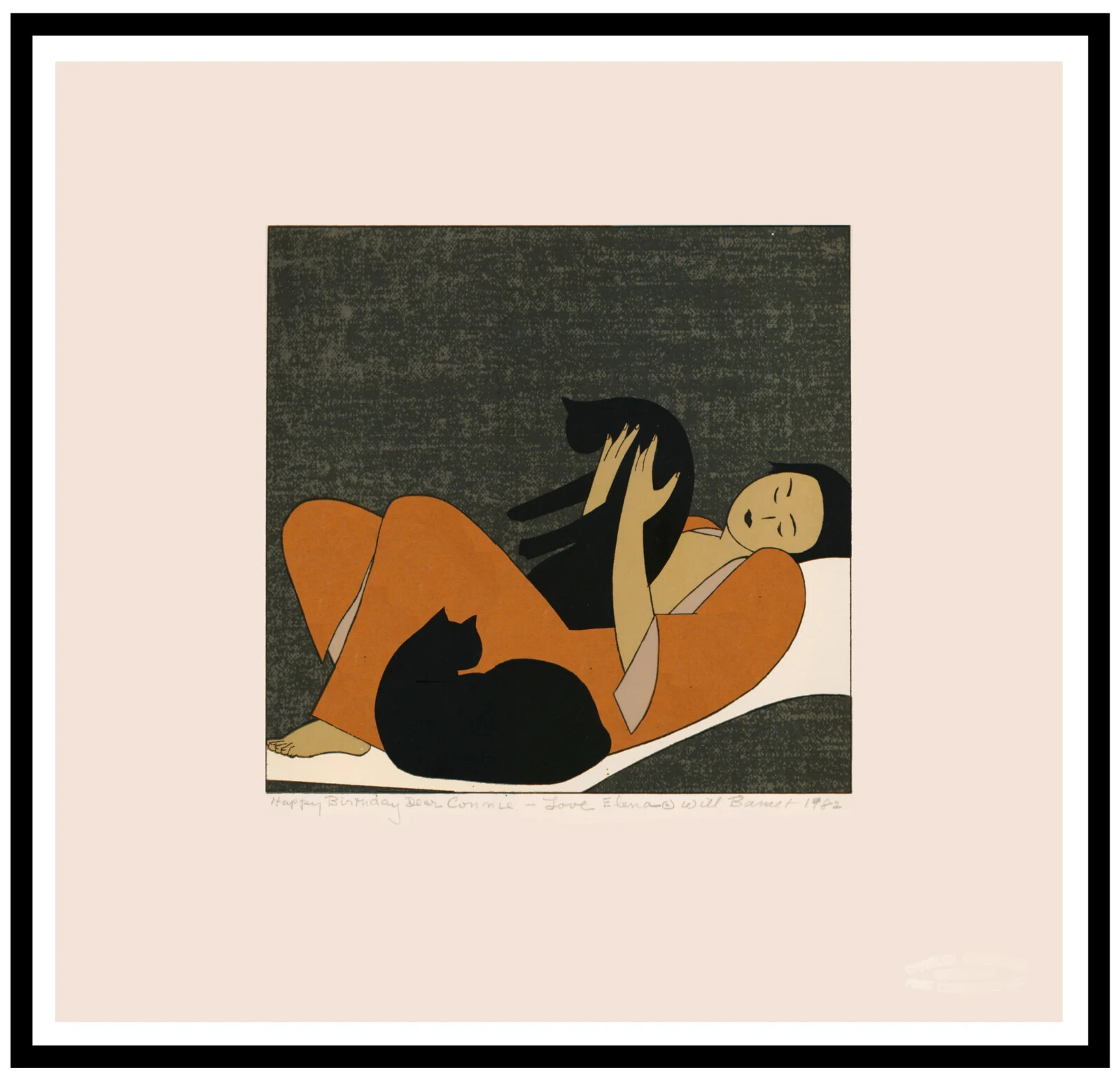 WILL BARNET WOMAN WITH CATS 1982 SIGNED ORIGINAL LTD EDITION LITHOGRAPH FRAMED