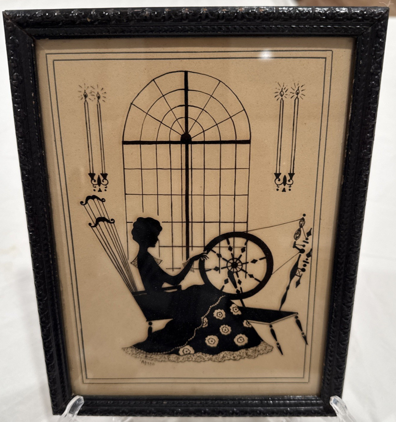 1930’s Silhouette Reverse Painting Woman at Spinning Wheel “Agnes” 8.75″x7″