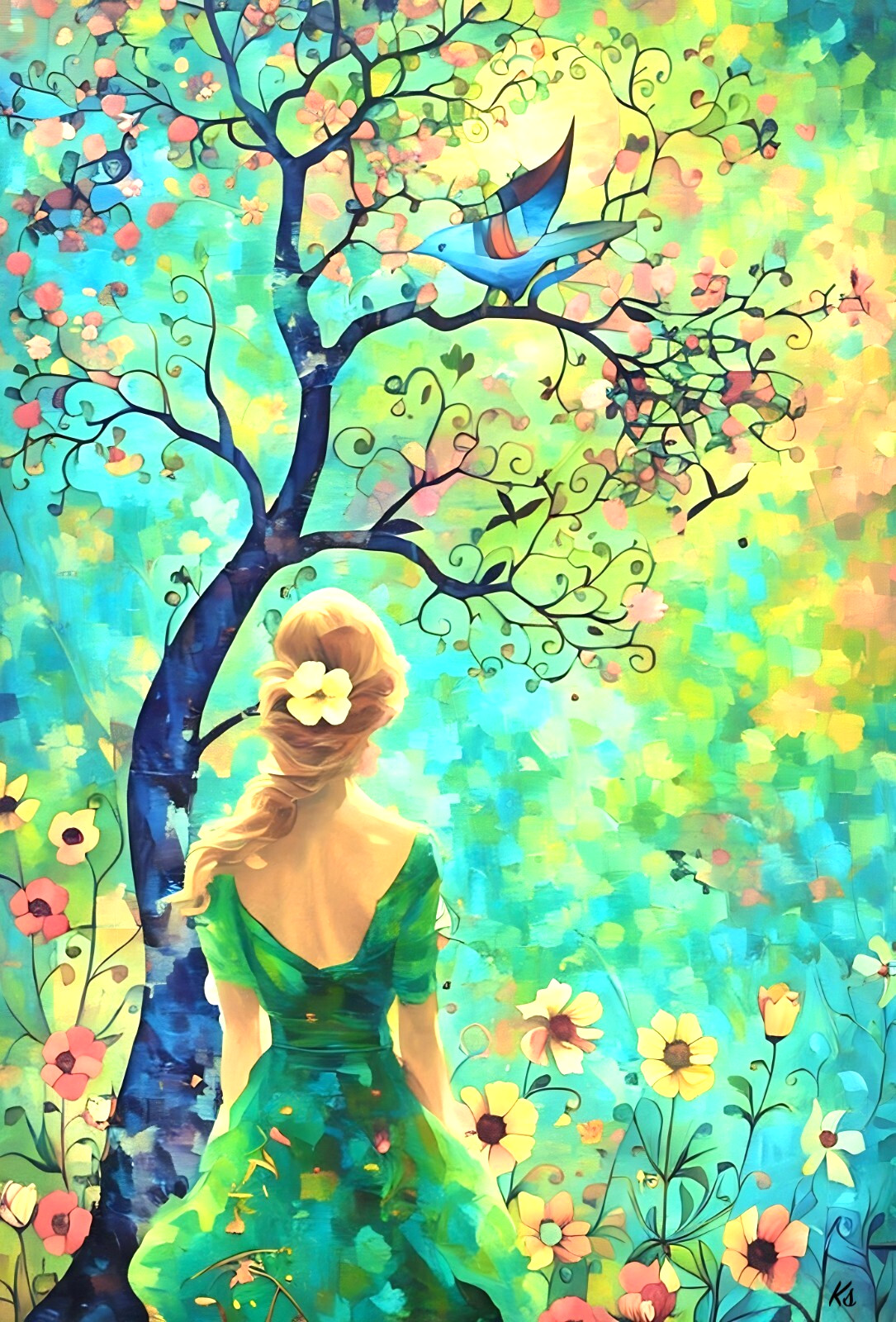 ACEO Miniature Art Print 2.5×3.5 Artist Trading Card Whimsical Flower In Hair