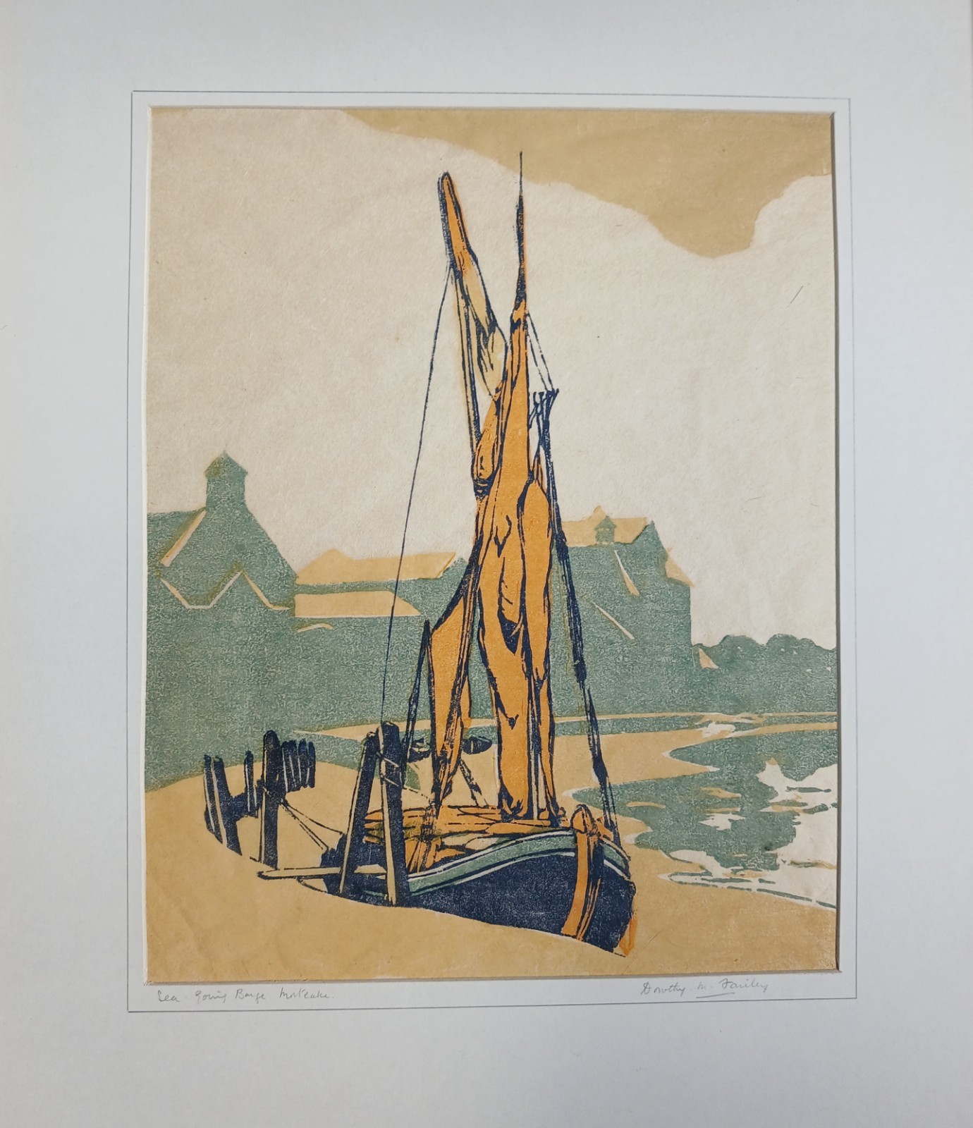 DOROTHY M FAIRLEY 1894-1984 PENCIL SIGNED ART DECO WOODBLOCK BARGE AT MORTLAKE