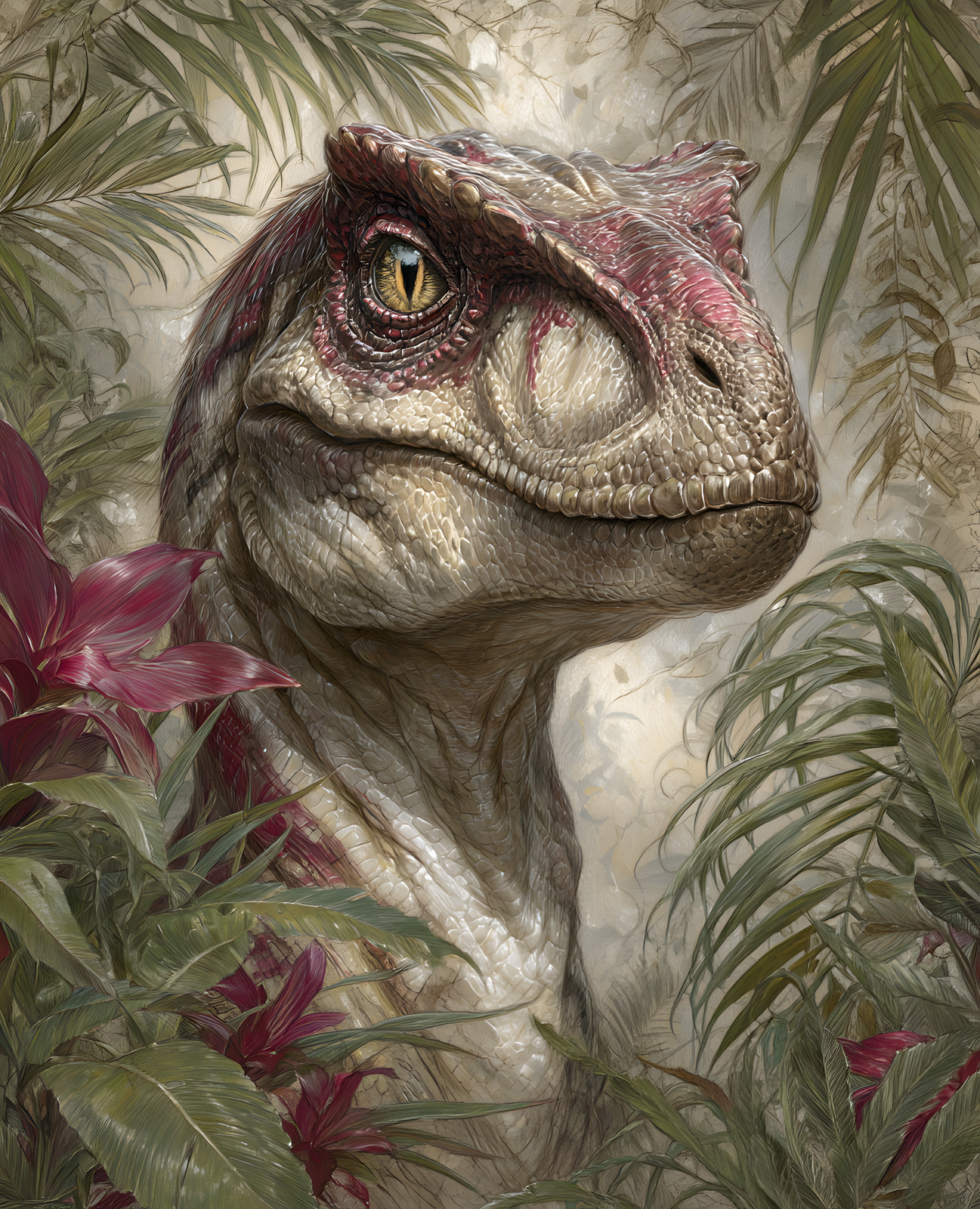 Dinosaur Portrait Emerging From Pale Green Tropical Leaves Print – 884949617