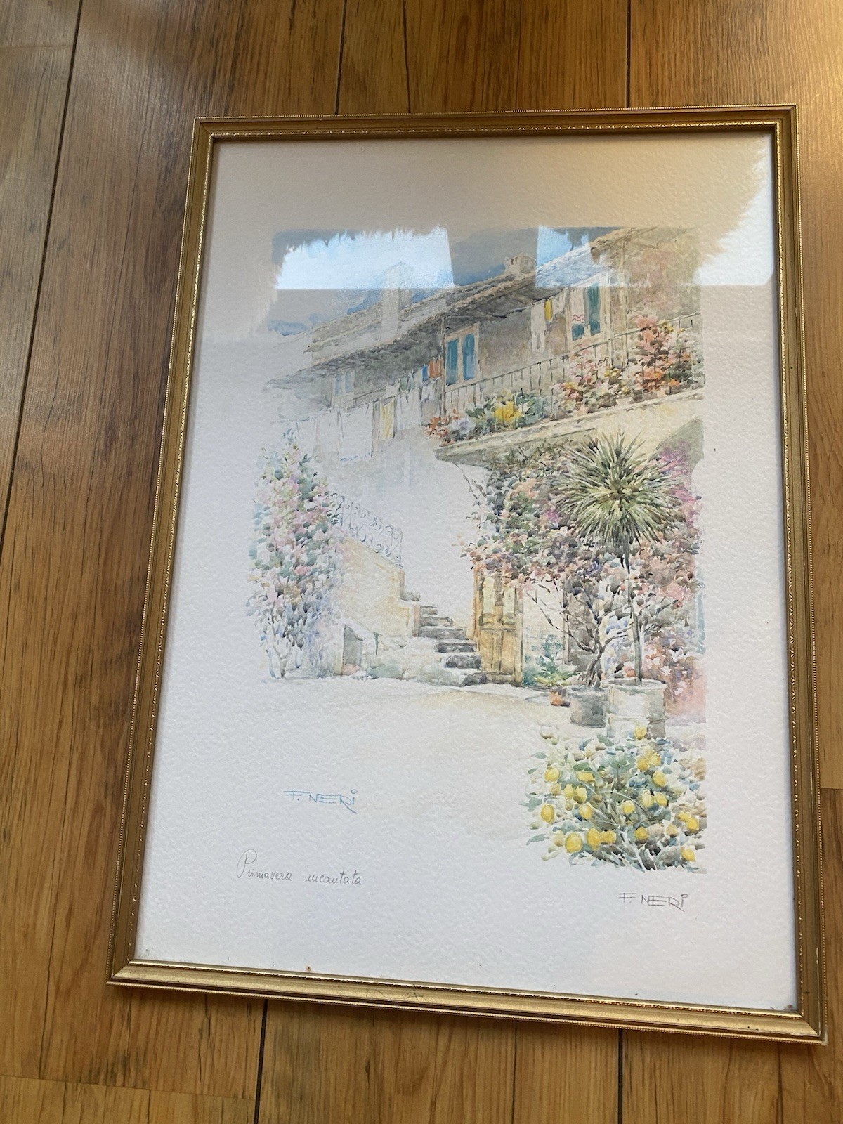 FRAMED SIGNED COLOR PRINT FLOWERED ANTIQUE ITALIAN BUILDING VIEW ARTIST: F. NERI