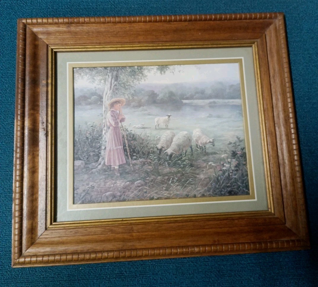 Framed Bettie Felder Art Print Thru Gods Grace Girl Watching Over Sheep