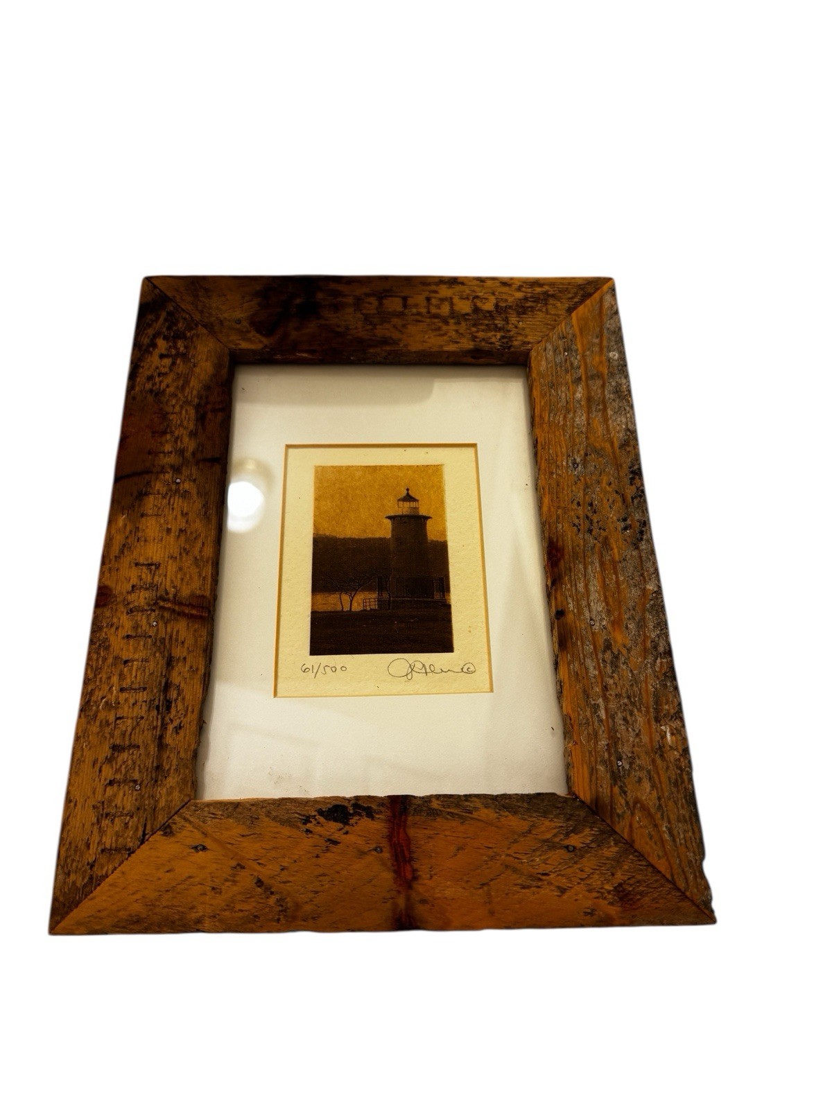 Michael J. Leu Signed Lighthouse Etching Print 61/500 Rustic Framed Coastal Art