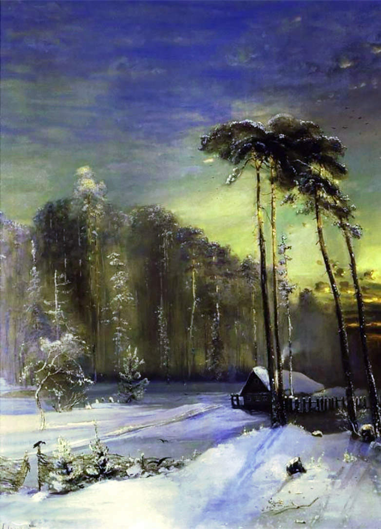 Winter Forest Cabin Moon Light by Alexei Savrasov