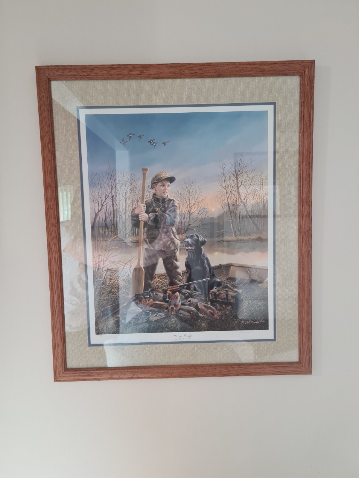 R.J. Mcdonald “We’re Ready” S/N Boy Black Lab Duck Hunting Print Framed 25×29.5″