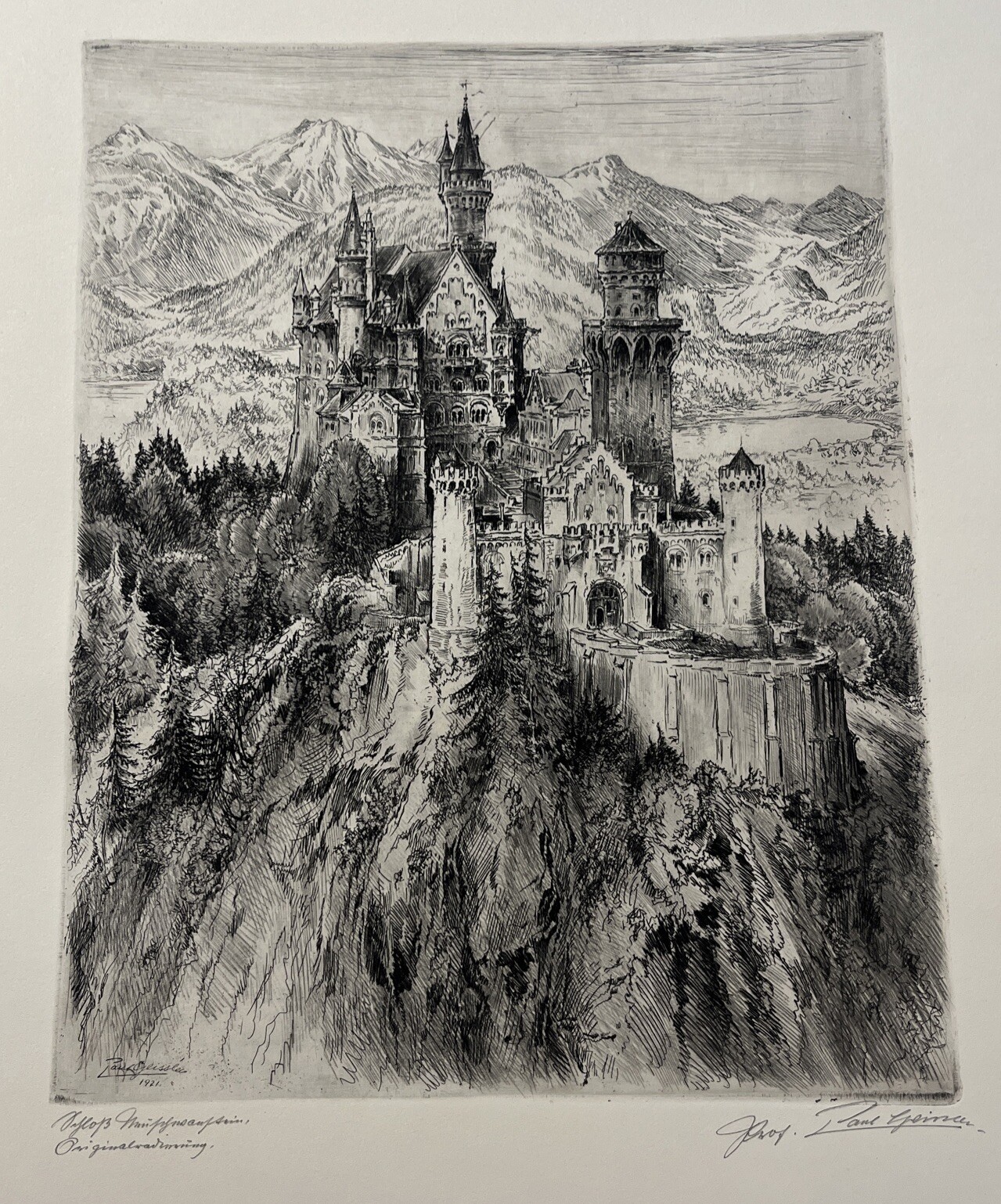 Paul Geissler 1921 Black & White Etching “Neuschwanstein Clermont” Pencil Signed