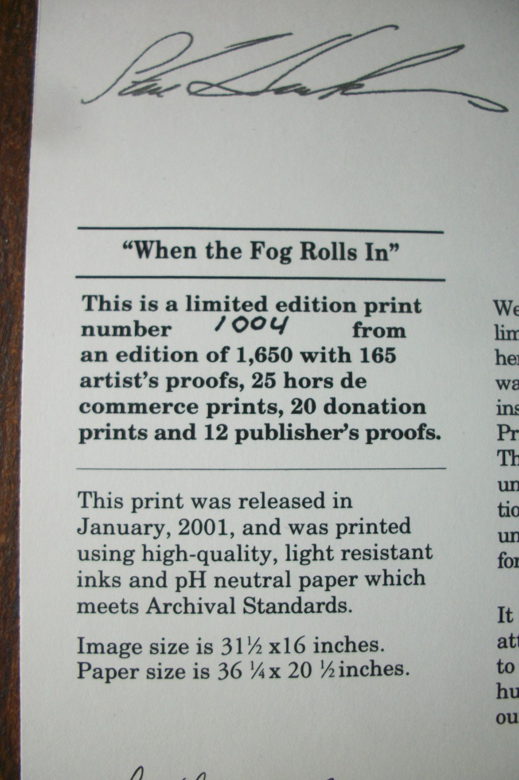 Steve Hanks Ltd Ed. Print “When the Fog Rolls In” – Signed & #1004/1650 Hadley