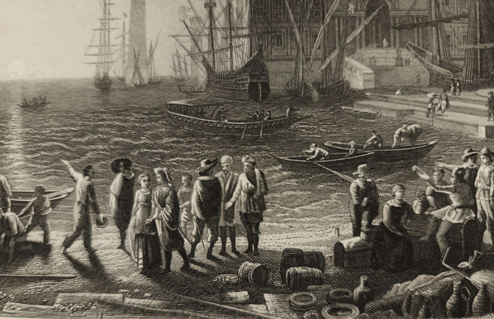 Vintage Marine Scene Windjammers People At Harborside 19th Century Engraving