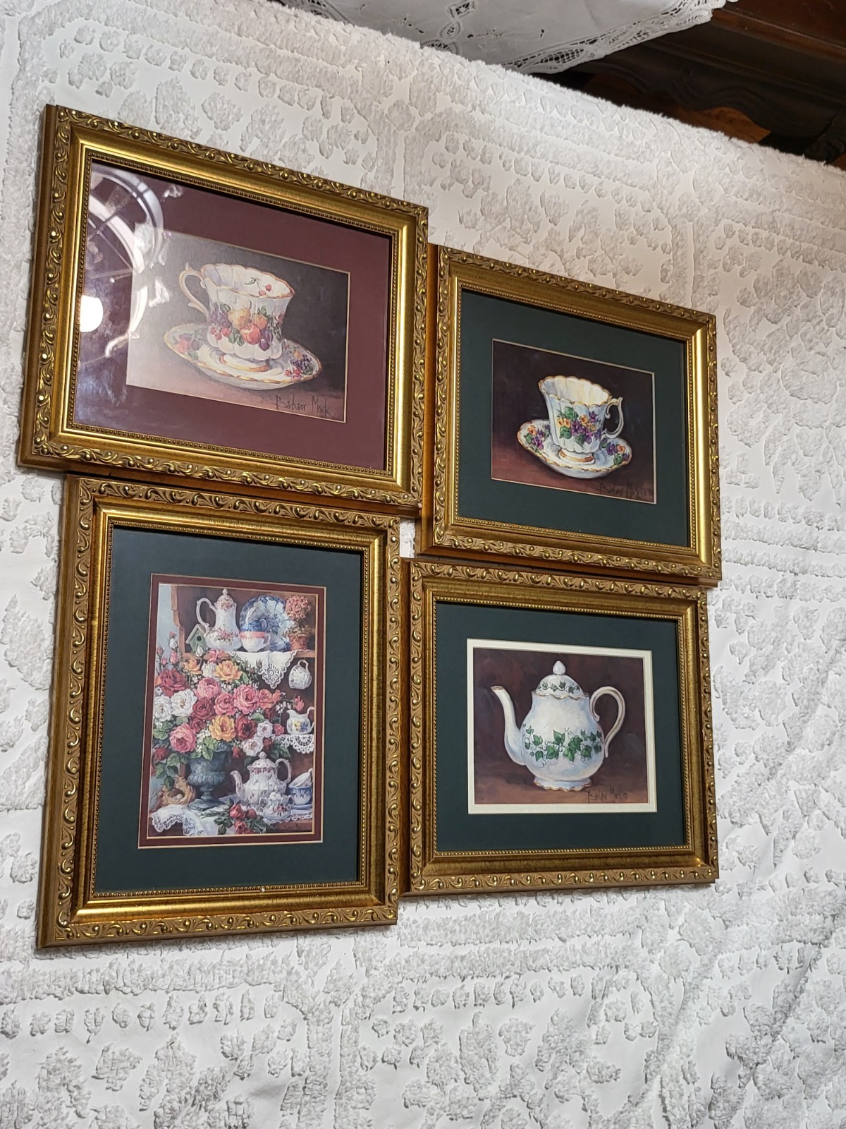 “TEA TIME” Vintage Framed and Matted Barbara Mock Tea Cups/Pot/Lot of 4 – 7×4.5”
