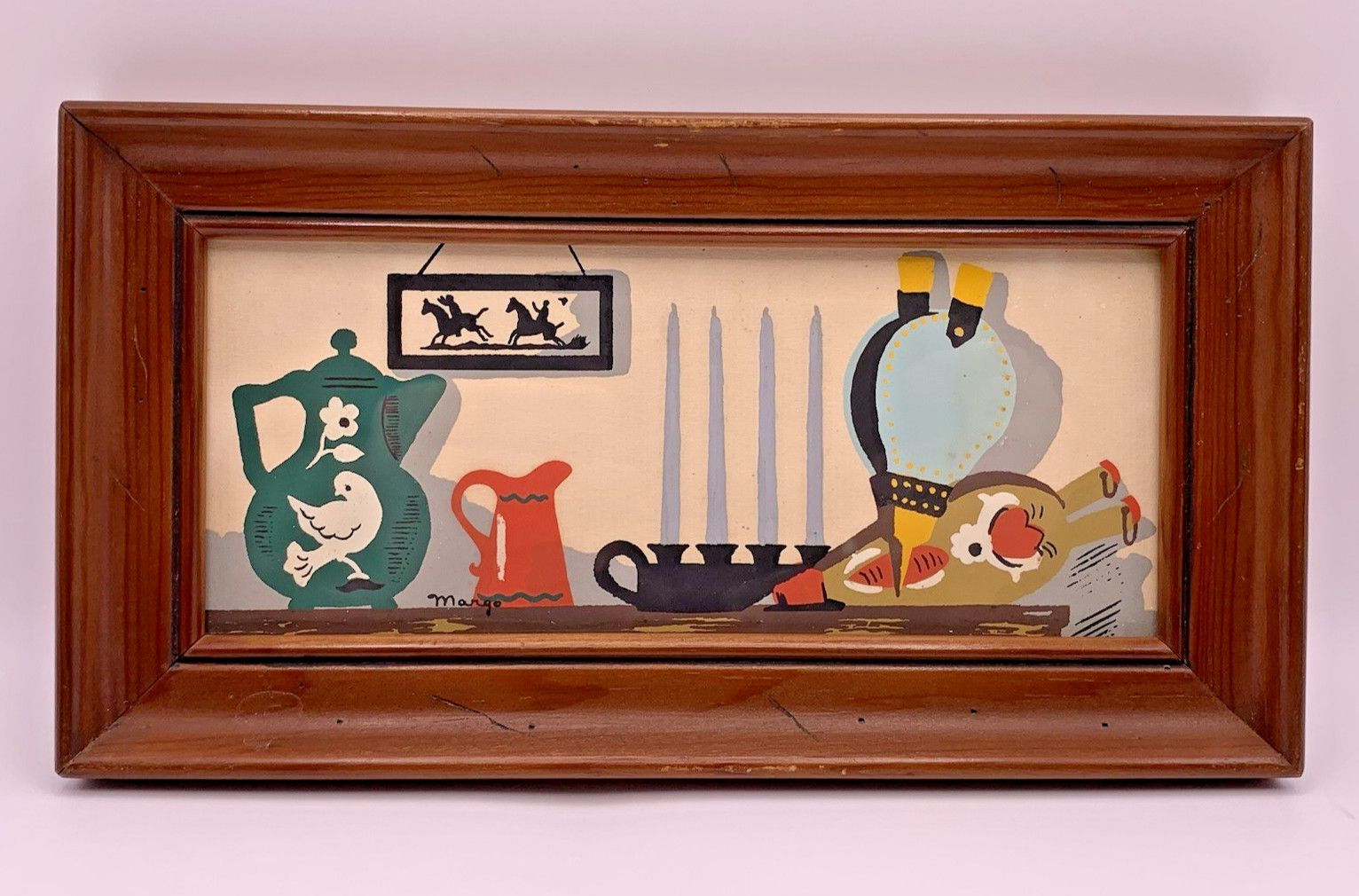Vintage Set of 4 Margo Alexander Kitchen Wall Art Prints Wood Framed 9.5″x5″ MCM