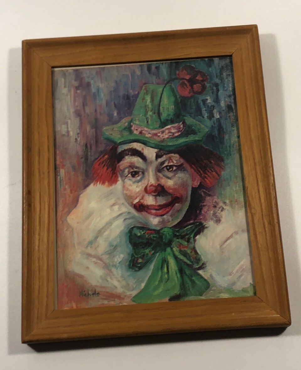 VTG Clown Oil Painting Picture Small PRINT Wood Framed MICHELE Green Hat 10.5×8