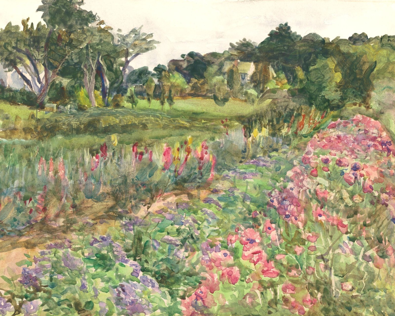 Vintage Garden Landscape Watercolor Painting Giclee Print on Fine Art Paper