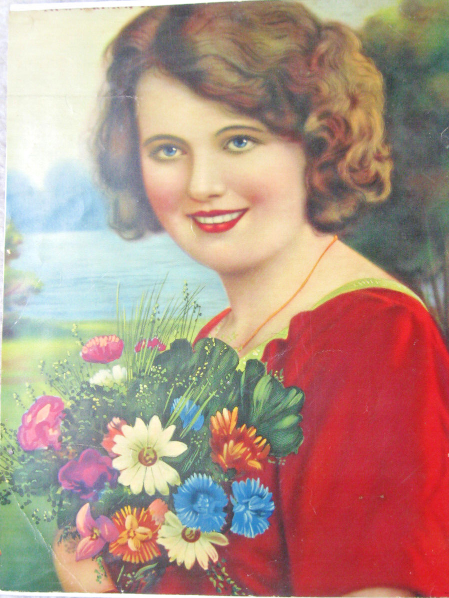 Vintage Lovely Lady with Flowers, ART PRINT, Made in U.S.A. ©1930. 10-3/4″ x 14