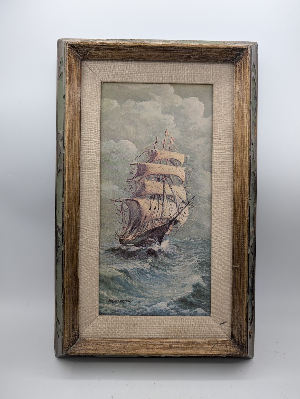Vintage Andres Orpinas Framed Clipper Ship Lithograph Cardboard