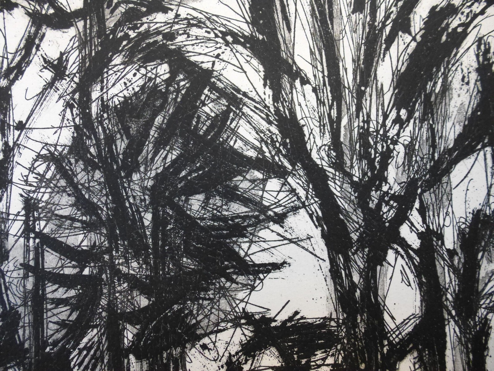 Etching “unknown village with people and trees” Jürgen Weber 1970