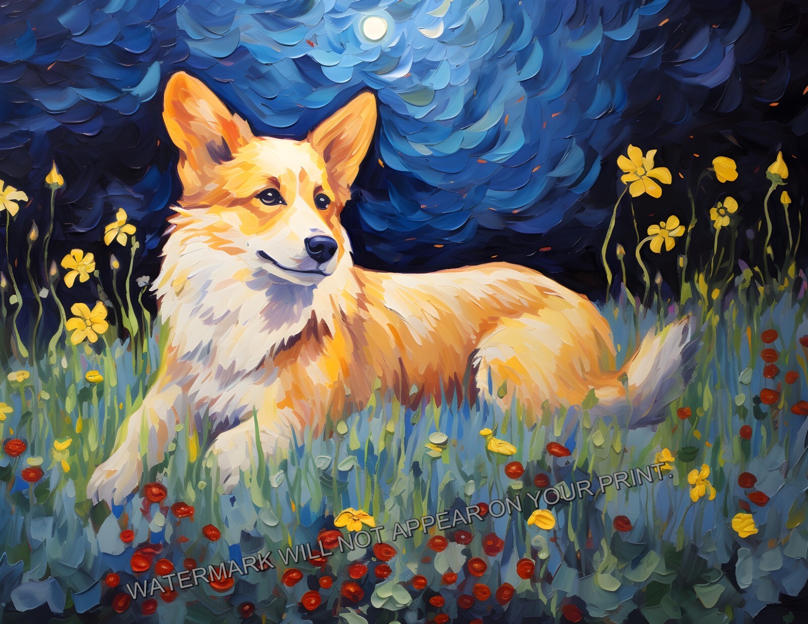 Cute Corgi Resting Flowers Dog Stars Night Sky Giclée Art Print 8.5×11