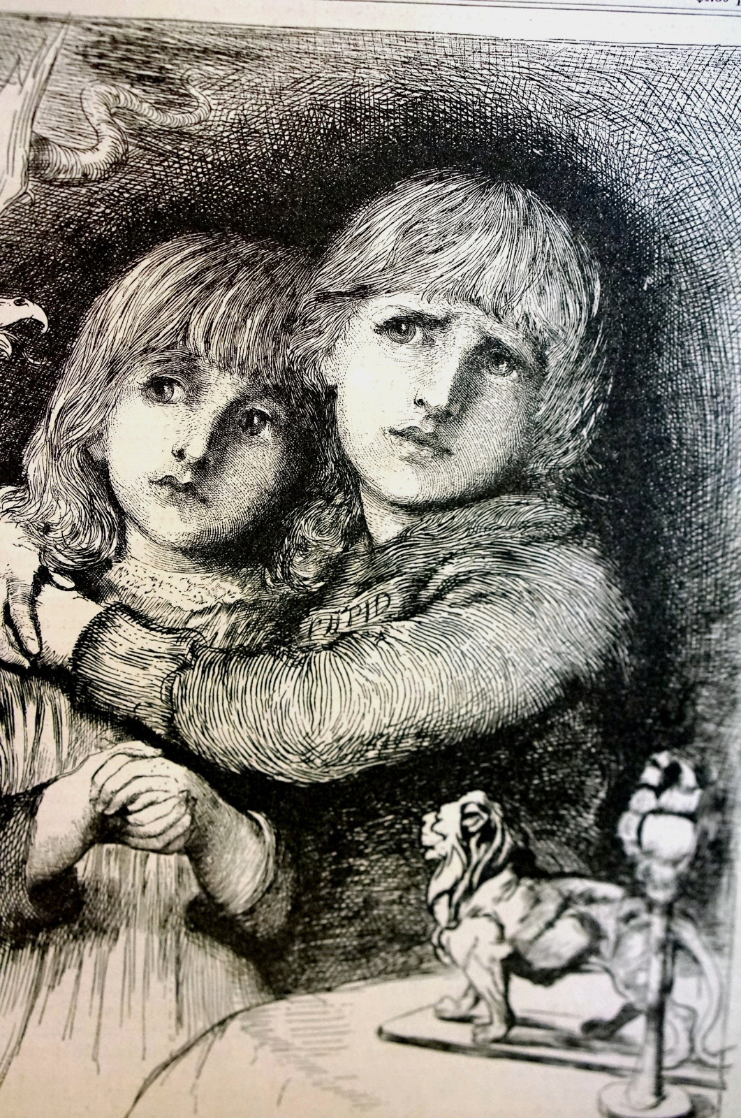 Brother Protecting Sister BABES in the WOOD – 1881 Antique Art Print Matted