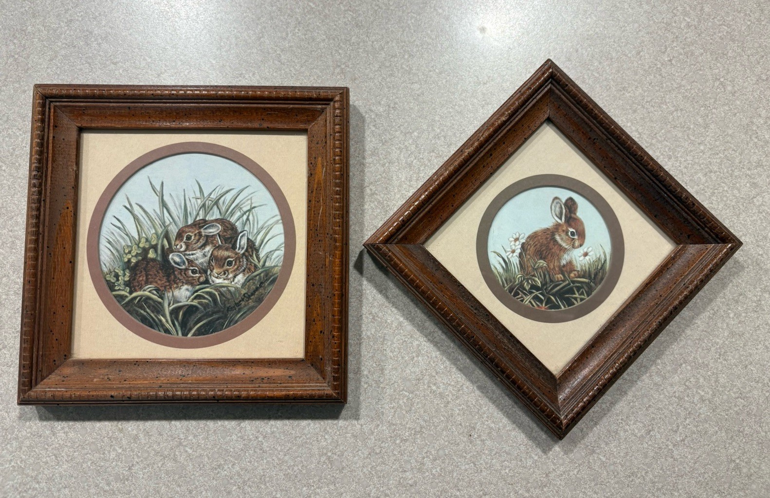 Vtg Brown Baby Bunny Pictures Wood Frames 7.5″And 6.5″ Set Of 2 Cottage Country