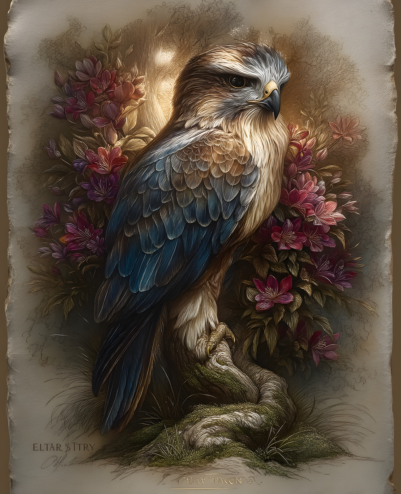 8×10 Cozy Storybook Bird Sitting on Branch of Tree Art Print – 533016636