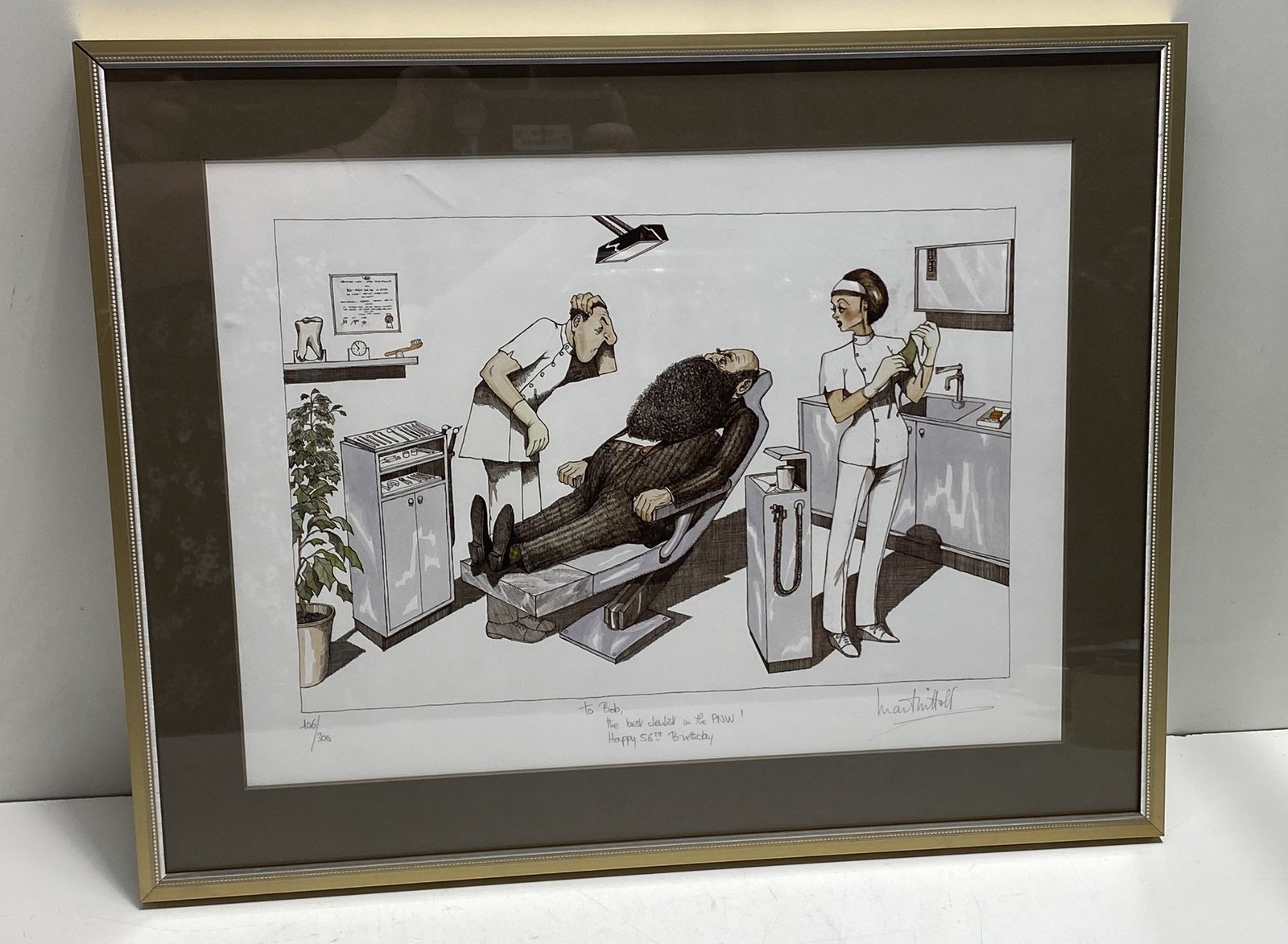 Mark Whittall Signed Dentist Cartoon Illustration Print 106/300 Framed 16×21