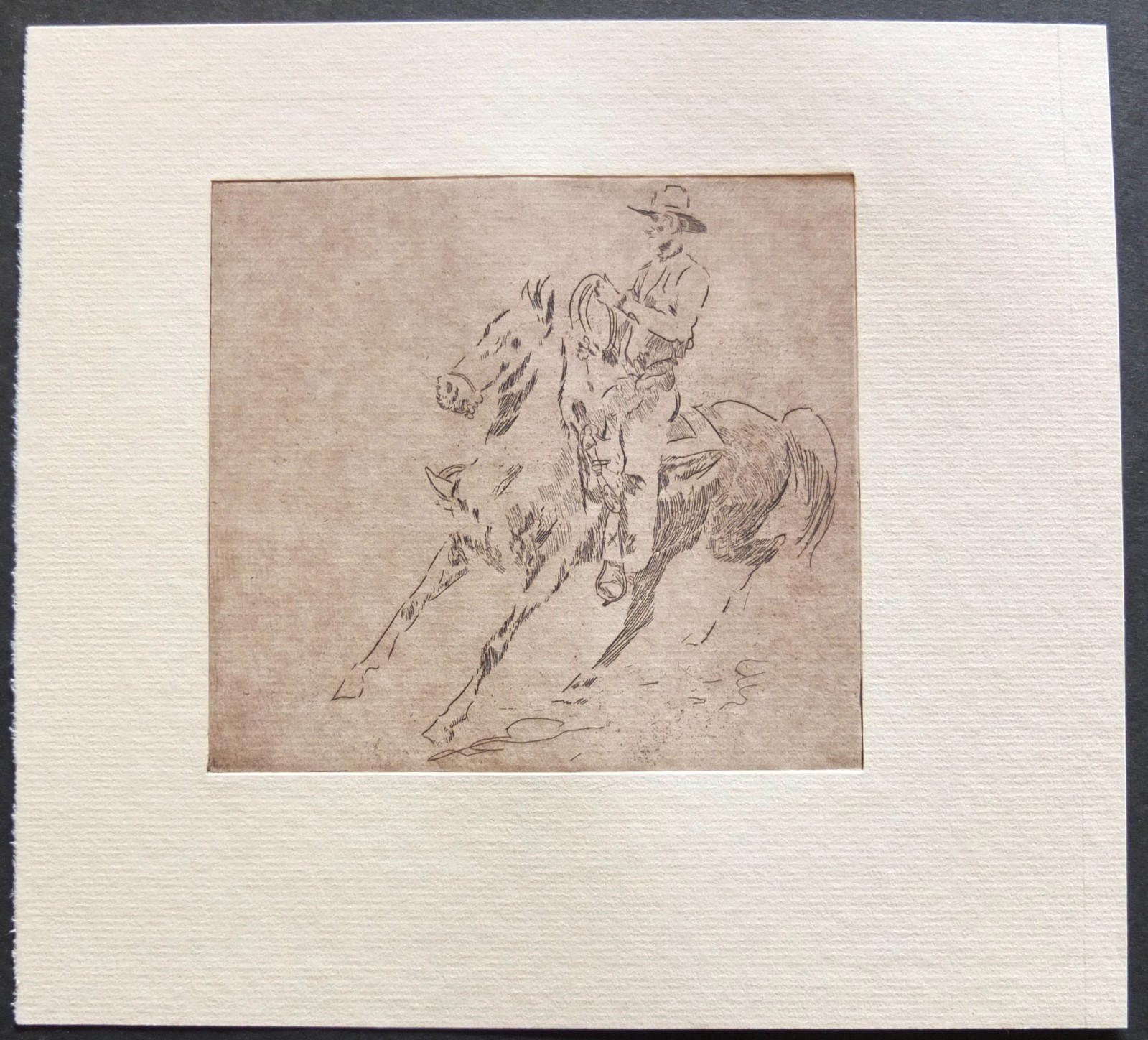 Edward Borein “Cowboy On His Horse” Restrike Etching 8 1/2″ X 9 1/2″