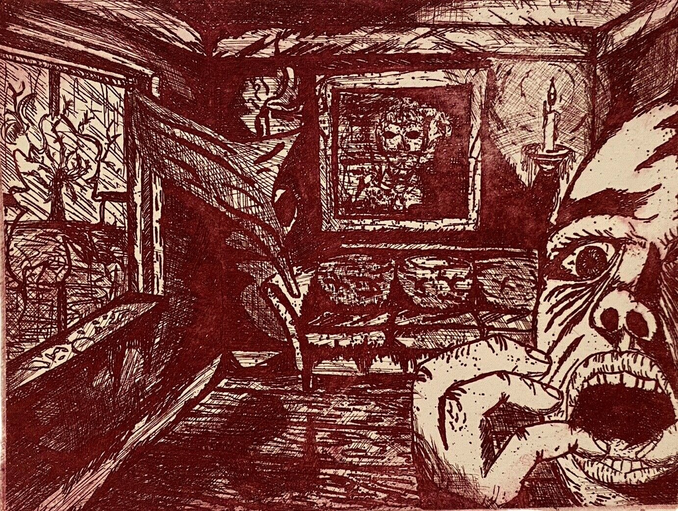 KEITH ALAN KENNY EVOCATIVE FIGURE PORTRAIT INTERIOR ABSTRACT MODERNIST ETCHING